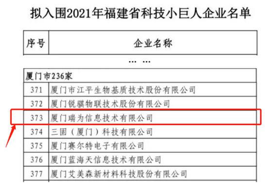 贊！瑞為技術(shù)入圍2021福建省科技小巨人企業(yè)名單
